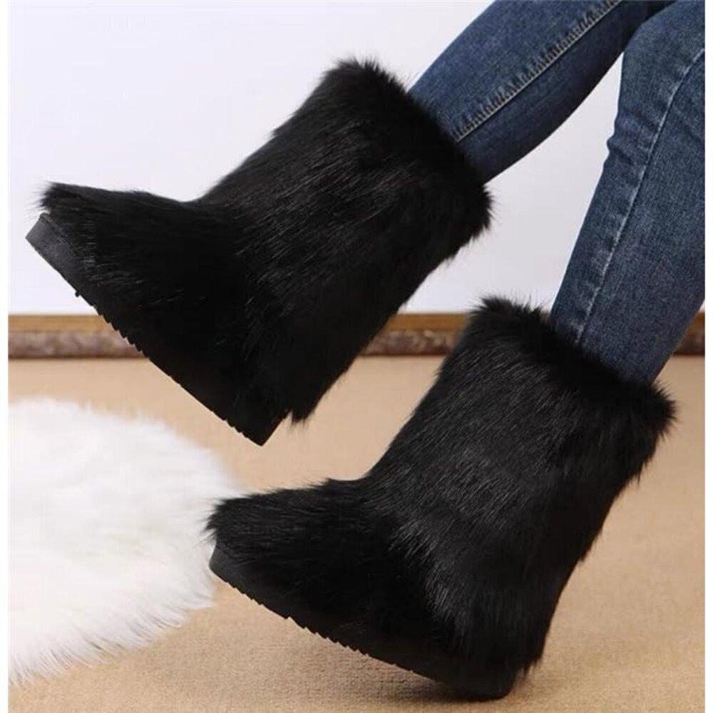 Womens Winter Snow Boots Knee High Faux Fur Lined Flat Heel Warm Shoes - Picture 2 of 8